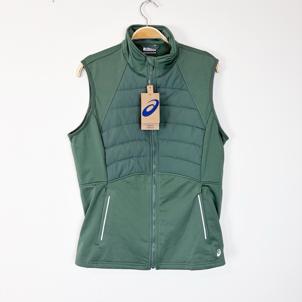 ASICS Women's Fleece Knit Arch Quilted Panel Vest Size‎ Large Green Running